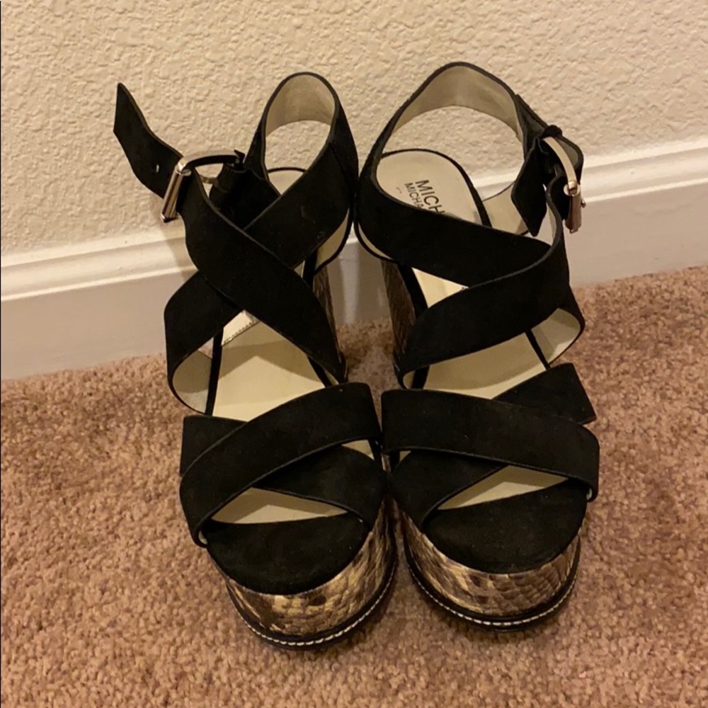 Michael kors black suede snakeskin wedge